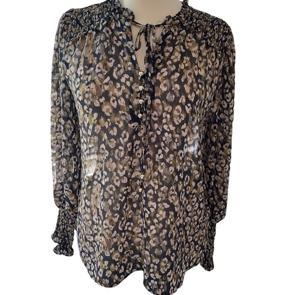 By The River Tops - By The River blouse sheer leopard print long sleeve ruffled Size Small NWT